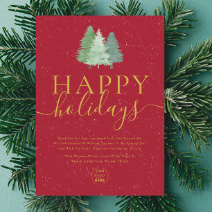 Modern Logo Festive Tree Red Gold Business Holiday Card