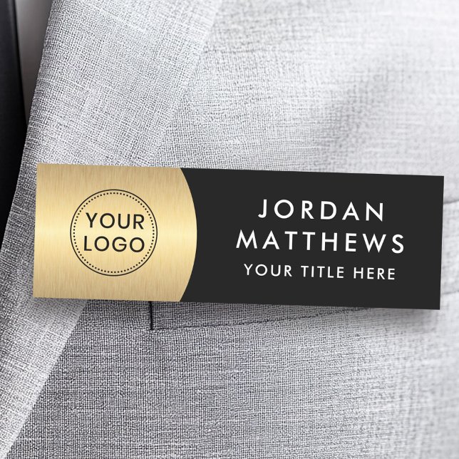 Modern logo, name and title golden gradient black  tag (Modern logo, name and title golden gradient black name tag)