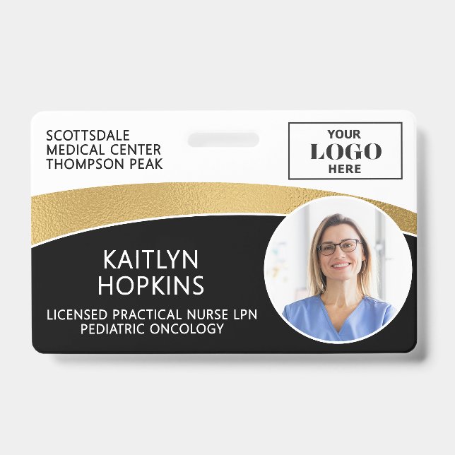 Modern Logo Photo ID Barcode Employee Name Badge (Front)