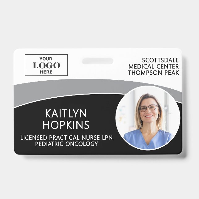 Modern Logo Photo ID Barcode Nurse Name Badge (Front)