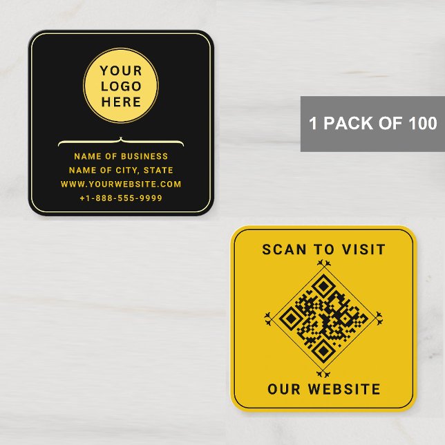 Modern Logo & QR Code | Custom Gold Black Rounded Square Business Card (Rounded Corner Business Cards)