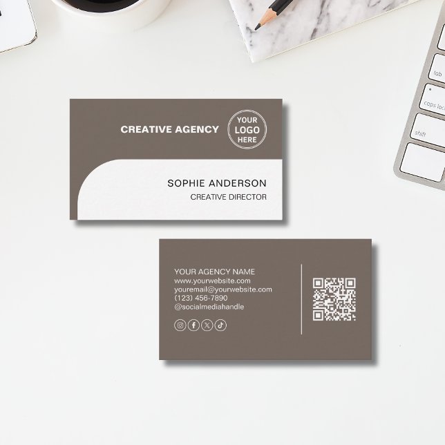 Modern Logo QR Creative Agency Taupe Business Card (Modern Hair Stylist Salon Photo QR Business Card)