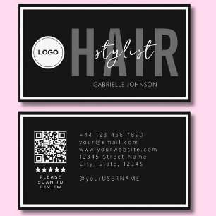 Modern Logo QR Review Black White Hair Stylist Business Card