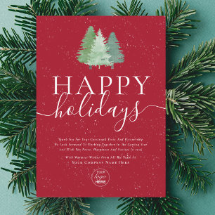 Modern Logo Watercolor Christmas Tree Red Business Holiday Card