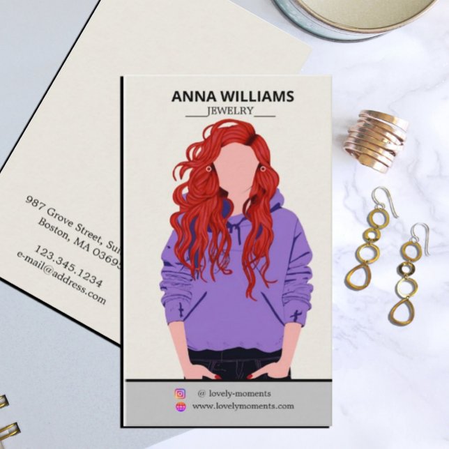 Modern long curly Red Hair Girl Earring Display  Business Card (#zazzlemade #jewelrydisplaycard #earringholder #cardstockforearringcards #fashionbusinesscard #face)