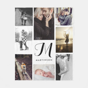 Modern Look Monogram and Photos Black and White Fleece Blanket