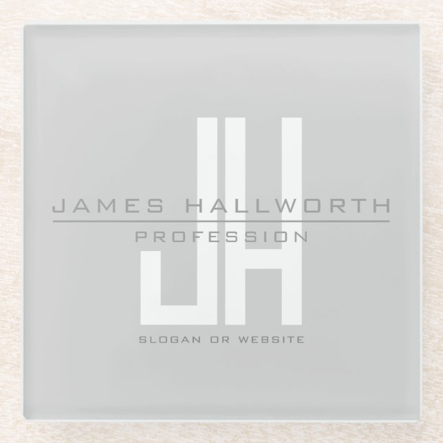 Modern Looking Business Monogram | Grey Glass Coaster (Front)