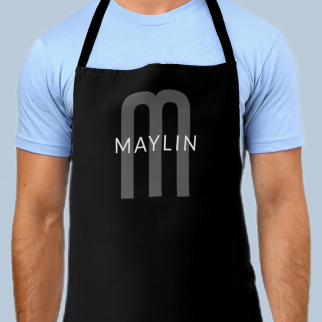 Modern Looking Monogrammed Name | Black Grey White Apron (Creator Uploaded)
