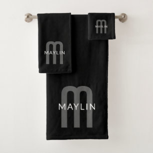 Modern Looking Monogrammed Name   Black Grey White Bath Towel Set