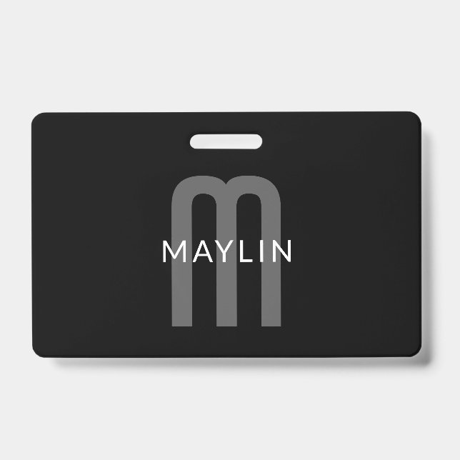 Modern Looking Monogrammed Name | Black Grey White ID Badge (Front)