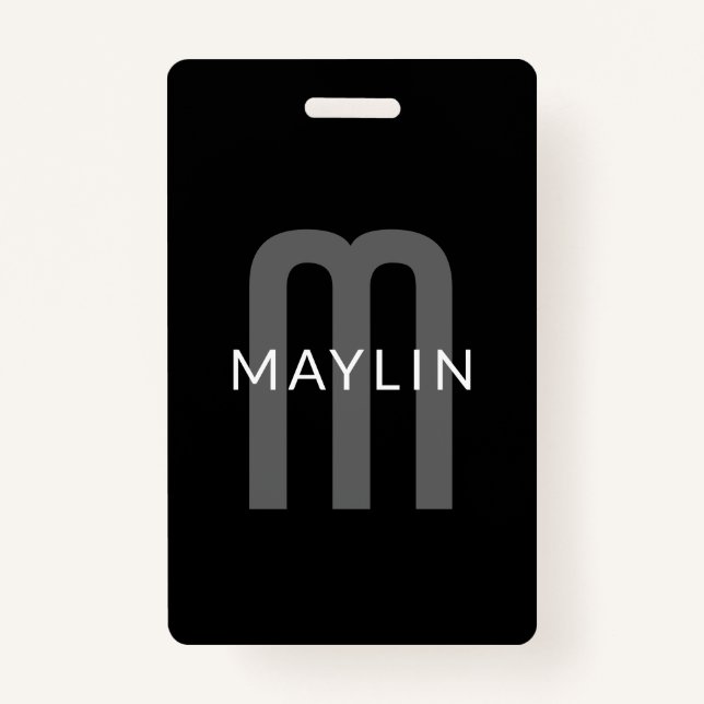 Modern Looking Monogrammed Name | Black Grey White ID Badge (Front)