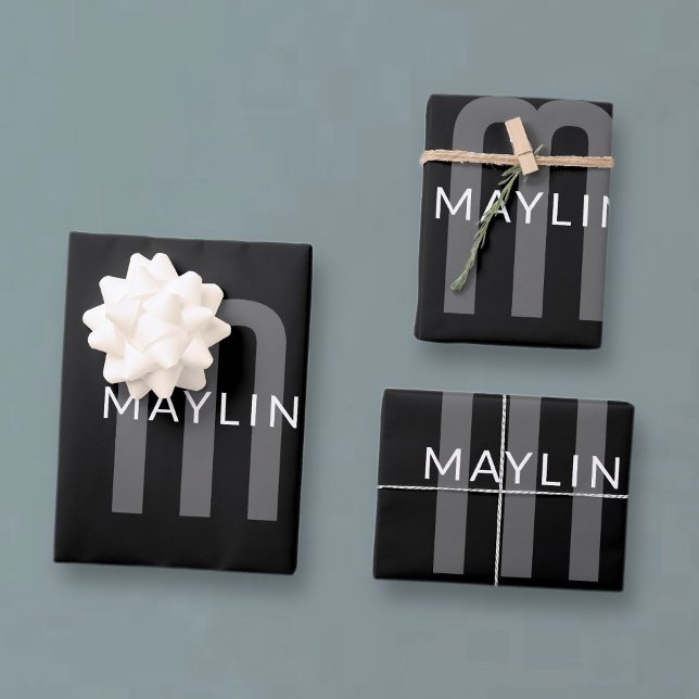 Modern Looking Monogrammed Name | Black Grey White Wrapping Paper Sheet (Creator Uploaded)