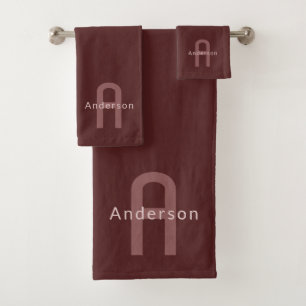 Modern Looking Monogrammed Name   Maroon Red Bath Towel Set