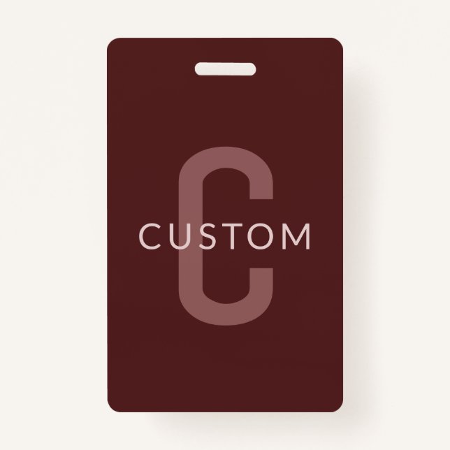 Modern Looking Monogrammed Name | Maroon Red ID Badge (Front)