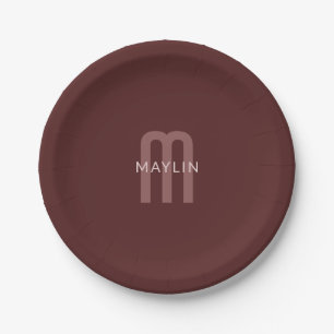 Modern Looking Monogrammed Name   Maroon Red Paper Plate