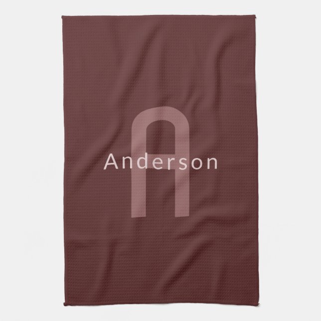 Modern Looking Monogrammed Name | Maroon Red Tea Towel (Vertical)