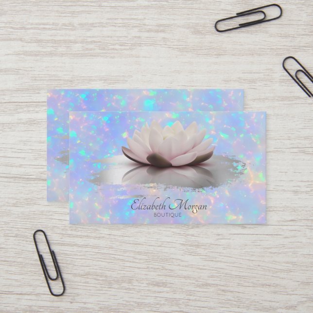 Modern Lotus Brush Stroke Holographic Opal Business Card (Front/Back In Situ)