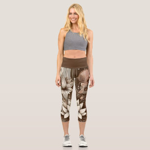 Modern Lotus Flowers In Sepia Capri Leggings