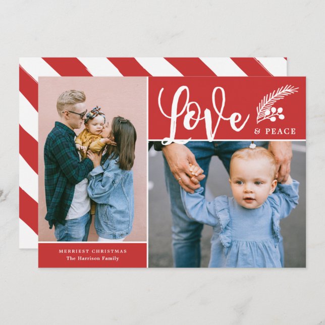 Modern Love and Peace Two Photo Red Holiday Card (Front/Back)