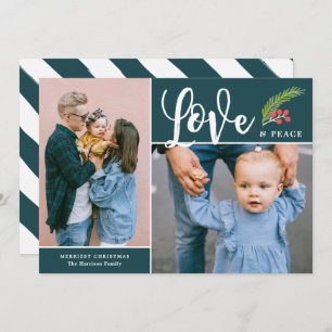 Modern Love and Peace Two Photo Teal Holiday Card