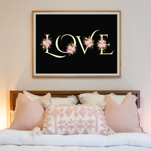 Modern "Love" and pink rose bouquets black Foil Prints