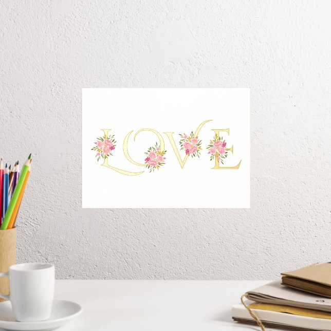 Modern "Love" and pink rose bouquets white Foil Prints (In Situ (Desk 2))