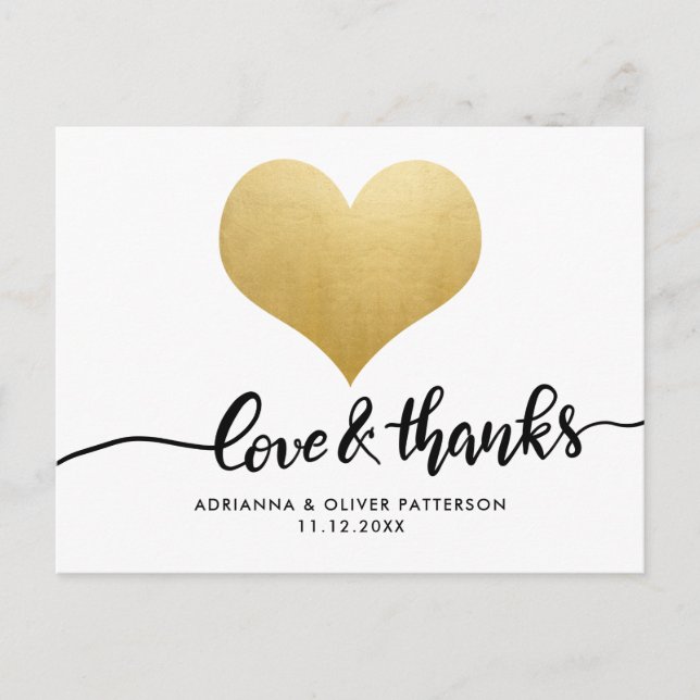 Modern Love And Thanks Faux Gold Foil Heart Postcard (Front)