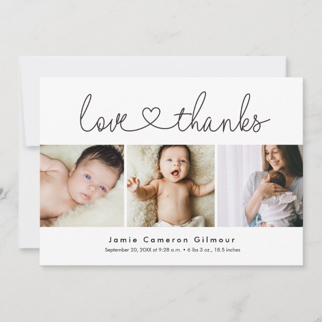 Modern Love and thanks heart Script 3 Baby photos Thank You Card (Front)