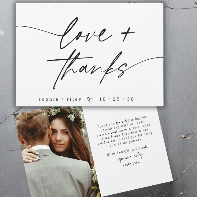 Modern Love and Thanks Script Heart Photo Wedding Thank You Card (Creator Uploaded)