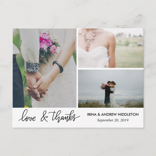 Modern Love And Thanks Script Three Wedding Photos Postcard (Front)
