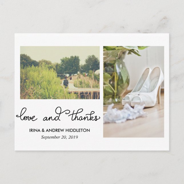 Modern Love And Thanks Script Two Wedding Photos Postcard (Front)