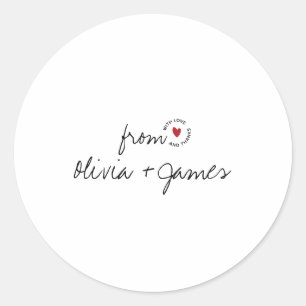 Modern Love and Thanks Simple Script Heart Wedding Classic Round Sticker