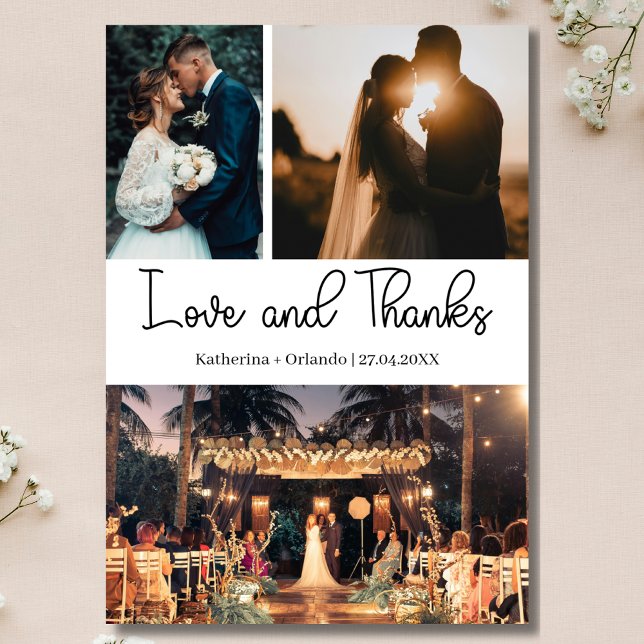 Modern Love and Thanks Three Photo Wedding Card (Creator Uploaded)