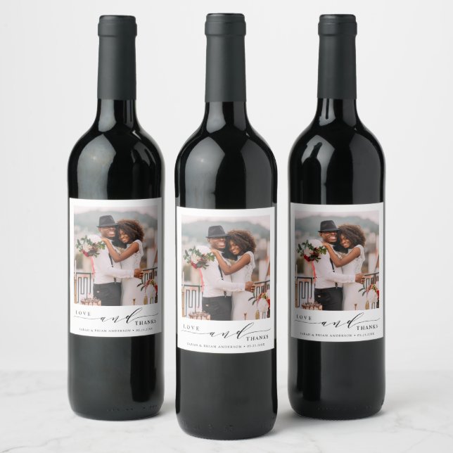 Modern Love and Thanks Wedding Photo  Wine Label (Bottles)