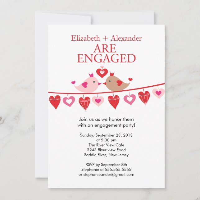 Modern Love Bird Hearts Engagement  Invitations (Front)