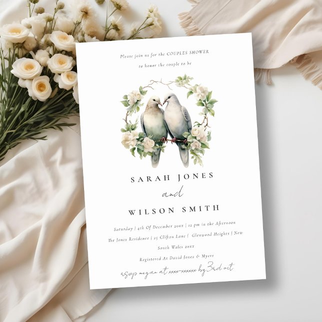 Modern Love Birds Botanical Wreath Couples Shower Invitation (Creator Uploaded)