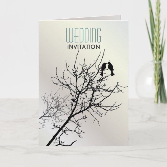 Modern Love Birds Tree white Wedding Invitations (Front)
