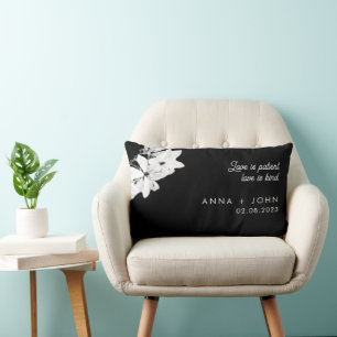 Modern Love Black Magnolia Floral Wedding Keepsake Lumbar Cushion