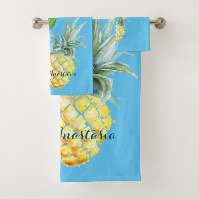Modern Love Blue Pineapple and Cactus Bath Towel Set (Insitu)