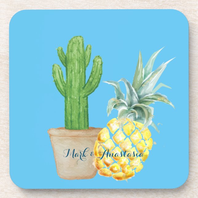 Modern Love Blue Pineapple and Cactus Coaster (Front)