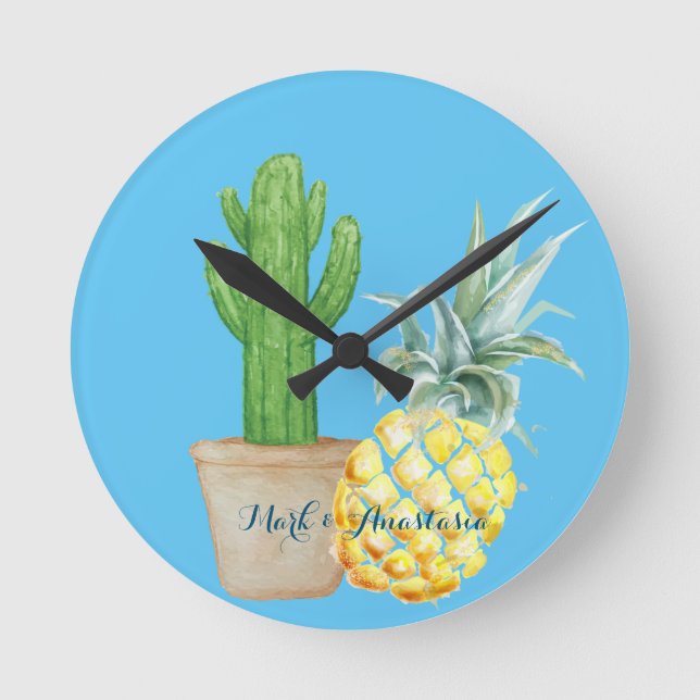 Modern Love Blue Pineapple and Cactus Round Clock (Front)