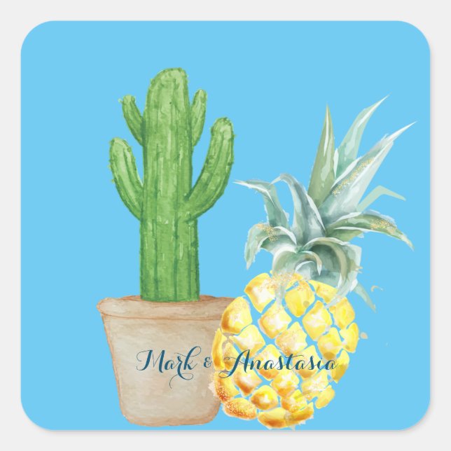 Modern Love Blue Pineapple and Cactus  Square Sticker (Front)