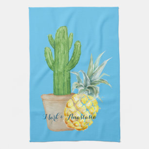Modern Love Blue Pineapple and Cactus Tea Towel