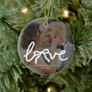 Modern Love Bow Custom Couples Wedding Photo Ceramic Ornament