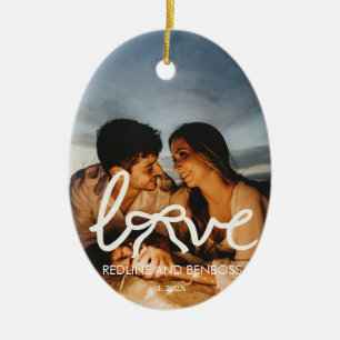 Modern Love Bow Typography Couple Custom Photo  Ceramic Ornament
