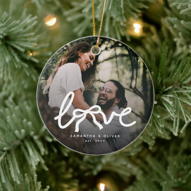 Modern Love Bow Typography Couple Custom Photo Ceramic Ornament (Tree)