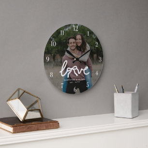 Modern Love Bow Typography Couple Custom Photo Large Clock