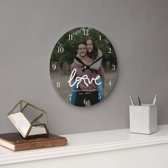 Modern Love Bow Typography Couple Custom Photo Large Clock (Office)