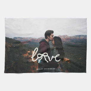 Modern Love Bow Typography Couple Custom Photo  Tea Towel