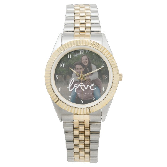 Modern Love Bow Typography Couple Custom Photo Watch (Front)